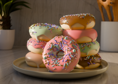 rendered image of donuts on a plate with a kitchen in the background