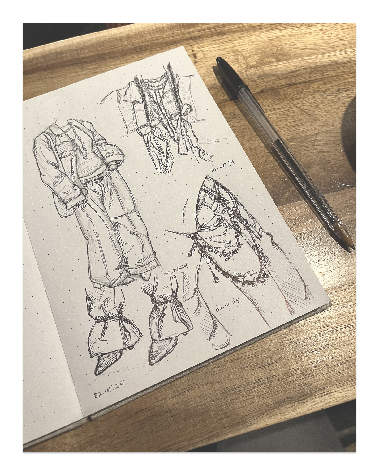 Background an image from my sketchbook of various pen sketches